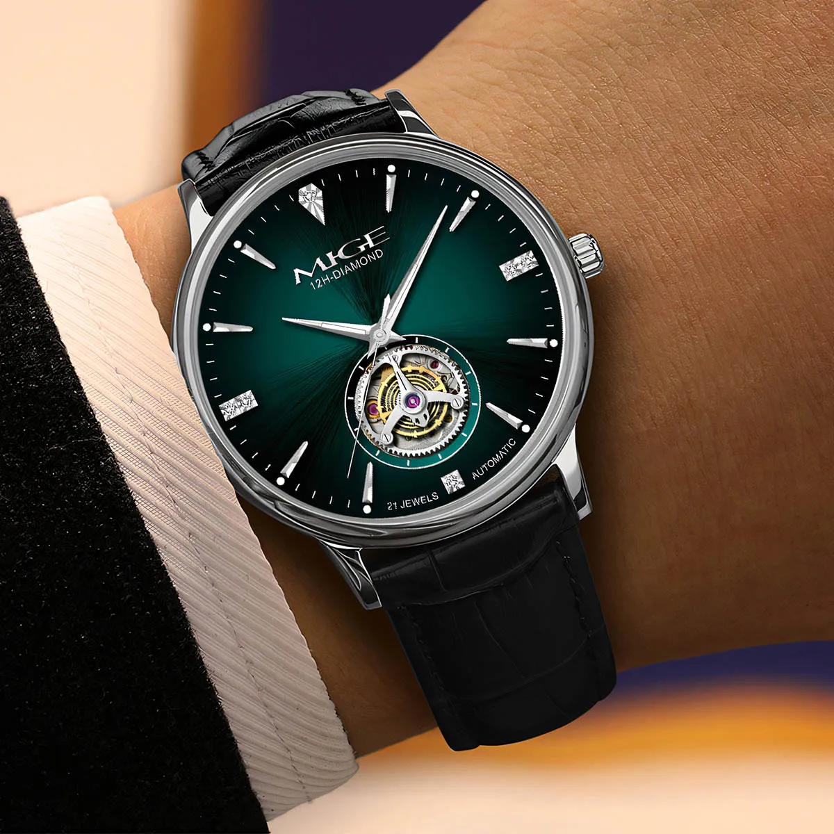 Mige brand green dial hot sale business steel Hollow mechanical watch men movement waterproof luxury fashion automatic watches