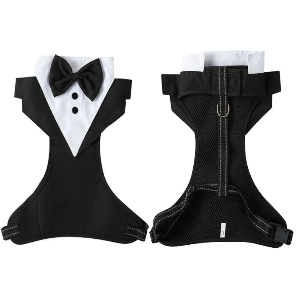 Neues Polyester-Hundesmoking-Set, atmungsaktives, weiches Haustier-Verlobungskostüm in Schwarz-Blau mit Fliege, Haustierweste mit Gurt für Welpen und Katzen
