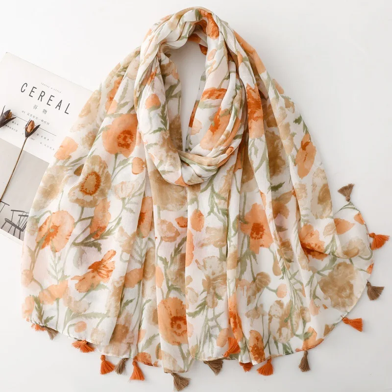 

Watercolor Tassels Cotton Linen Feeling Shawl for Women Fashion Floral Print Silk Scarf Breathable and Sunscrence Hijab Headwear