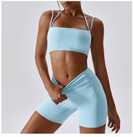 Workout Sets for Women 2 Piece Twist Front Halter Sports Bras High Waist Booty Shorts Exercise Gym Yoga Outfit