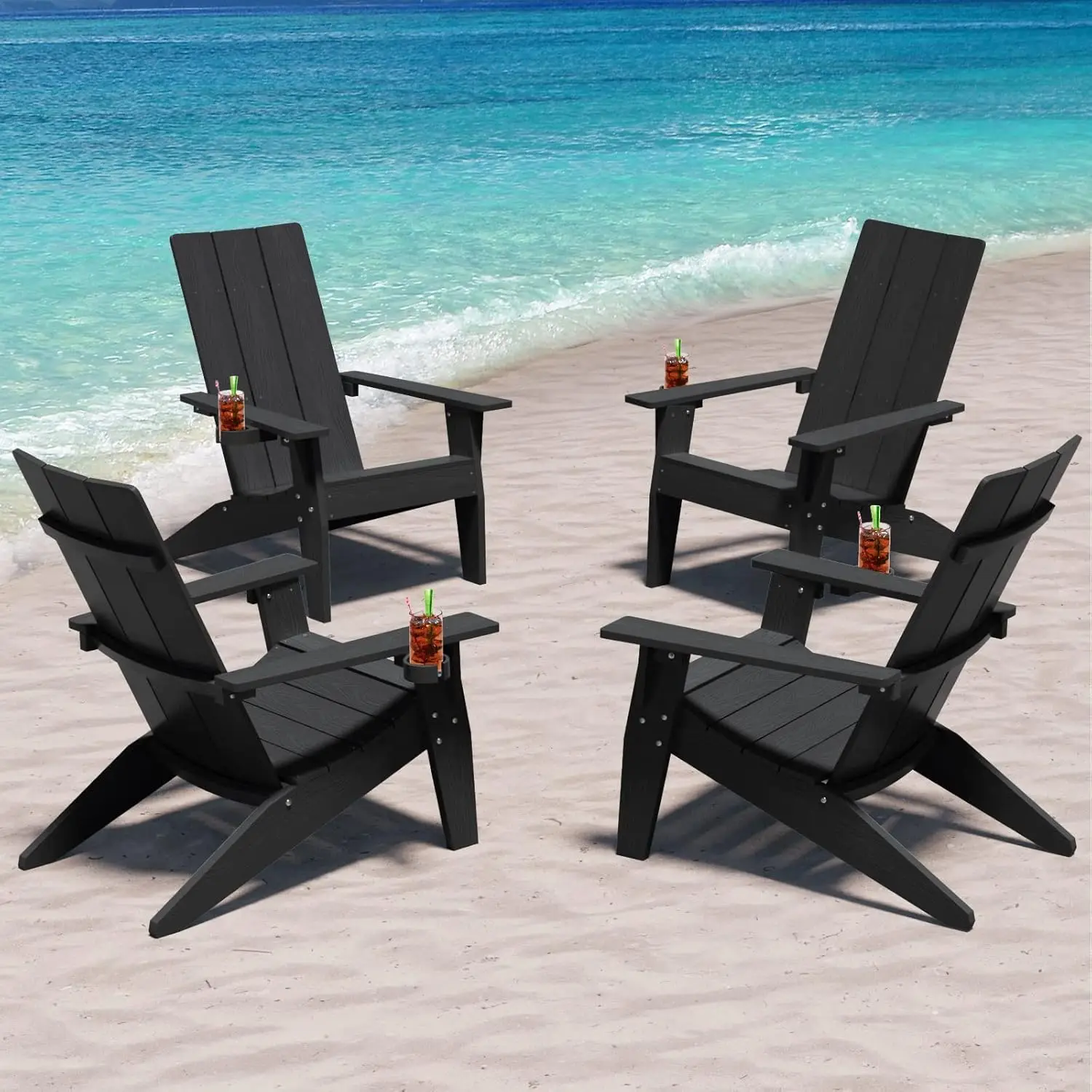 Modern Adirondack Chairs Set of 4 Weather Resistant with Cup Holder Oversize Plastic Fire Pit Chairs Plastic Outdoor Chair