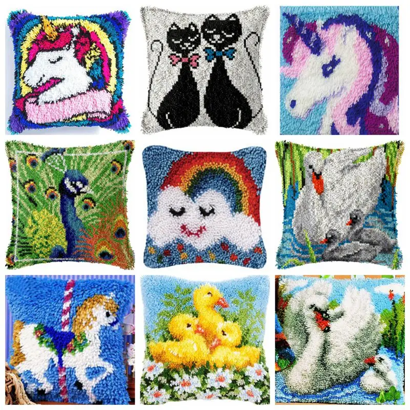 Unicorn/Animal Latch Hook Pillow Smyrna Package DIY Hooks Knitted Embroidered Carpet Pillow Cat Embroidery Latch Hook Carpet Kit