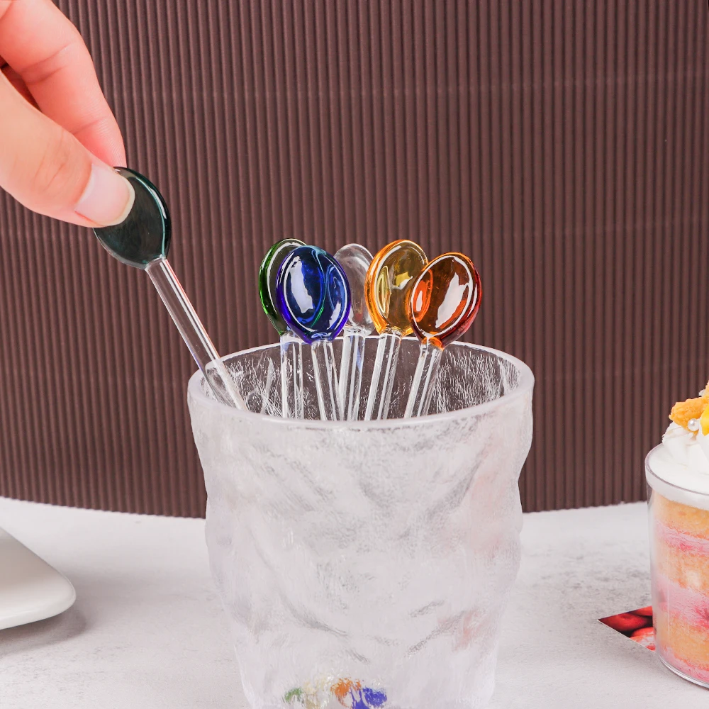 Creative Glass Milk Spoons Colored Transparent Coffee Dessert Stirring Spoon Long Handle Round Kitchen Tableware Stirrer Rod Hot