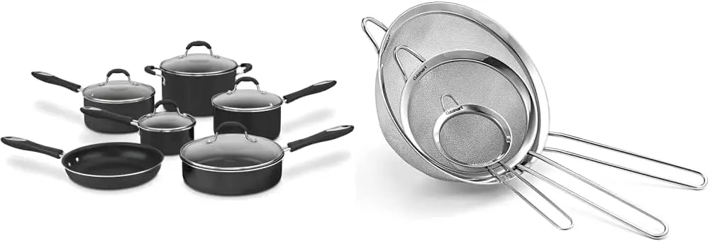 طقم أواني طهي غير لاصقة مكون من 11 قطعة، أسود، 55-11BK ومصافي شبكية، طقم 3 عبوات، CTG-00-3MS