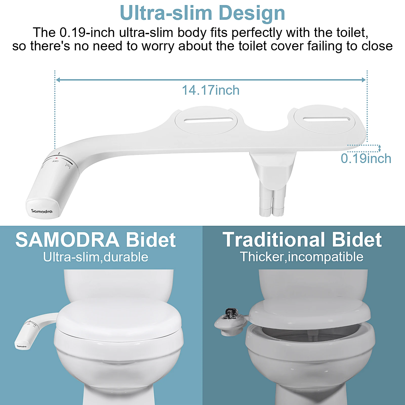 Bidet SAMODRA Ultra-Mince, Bidet Minimaliste pour Toilette Sans Electricité (Lavage Avant et Arrière), Pression d'Eau Réglable, Attache de Siège de Toilette à Eau Fraîche, Facile à Installer.