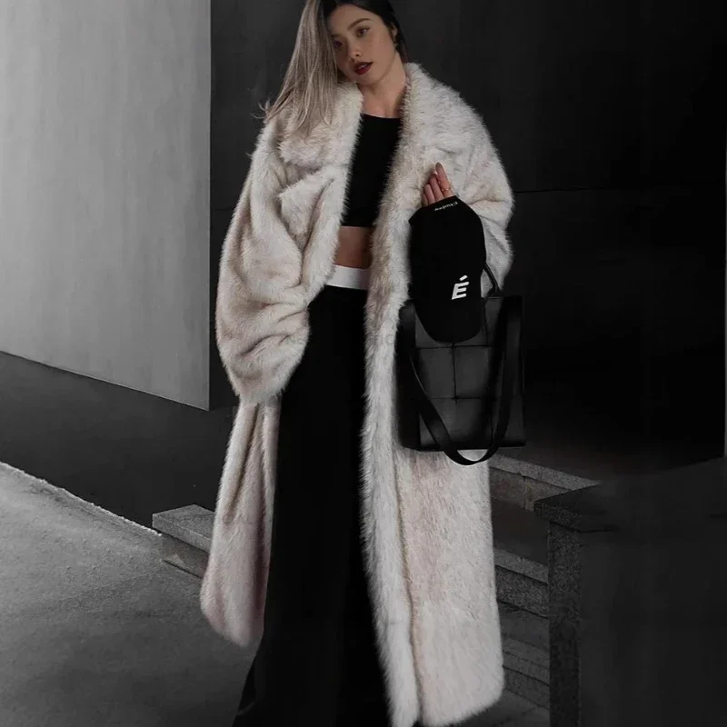 Manteau Long en Faux manches longues pour femme, vêtement d'extérieur quotidien, à la mode, décontracté, à revers, ample et chaud, nouvelle collection hiver 2025