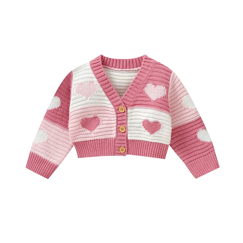 Cute Heart-shaped Long Sleeve V-neck Baby Girls Coat Knitted Acrylic Babies Cardigan Soft 6-36 Months Newborn Infant Overcoat