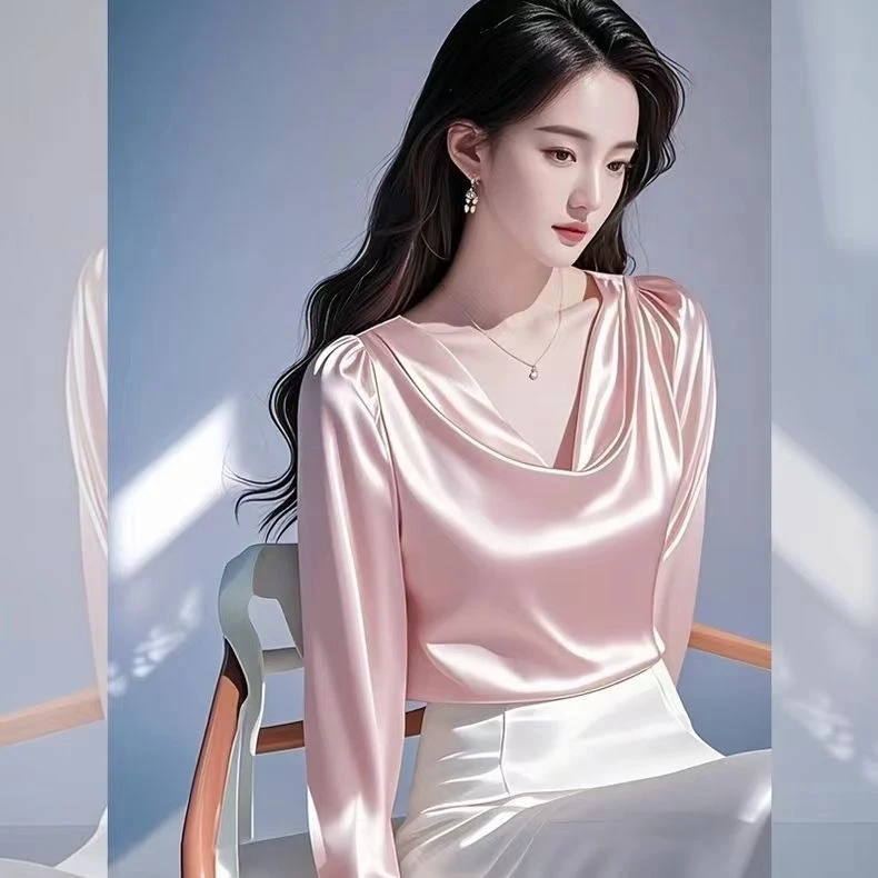 

Elegant Satin Long Sleeve Shirt Korean Style Slim Fit V-Neck Fashionable Trendy Commute Wind Women's Premium Quality Top