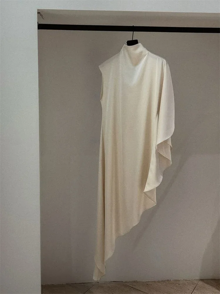 2025 New Satin Turtleneck Dress Female High Waist One-Shoulder Ruffled Patchwork Elegant Party Dress Summer Women Dress