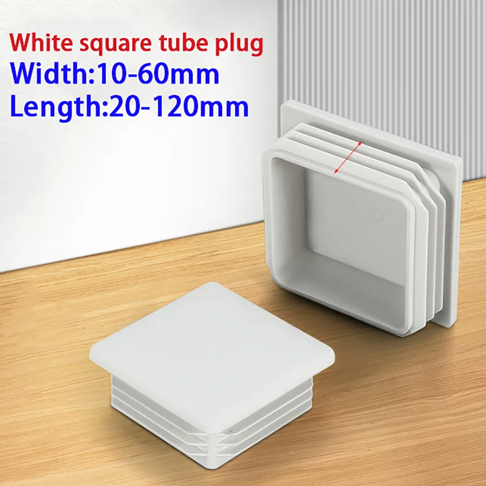 White Square Tube Cap Plastic Plug Square Inner Plug Table&Chair Footrest Furniture Seal Cover Accessories 10x20mm-60x120mm