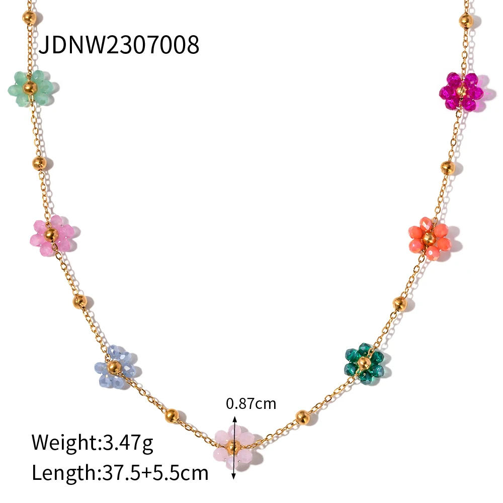 Jewelryposter Stainless Steel 18K Gold Plated Bead Chain Sunflower Colorful 5 Flower Charm Bracelet Necklace Set 2024 NEW