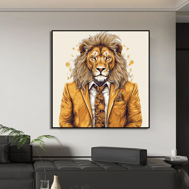 Red Crown Lion King Lion in Suit Canvas Painting Luxury Animal Wall Art Poster Picture for Office Home Decor Cuadros