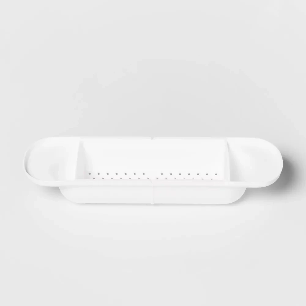 

Expandable Bath Tub Tray Shelf for Kids,Plastic Bath Toy Organizer,White Shower and Bathtub Storage Caddy,Bathroom Toy Holder