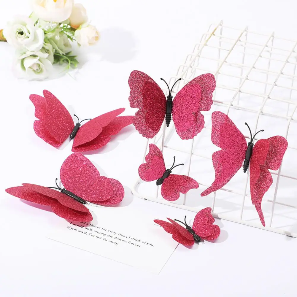 Removable Wall Sticker Non-damaging Wall Cling 6 Pcs 3d Glitter Butterfly Wall Decor Set Double Layer Wing Decals for Kids