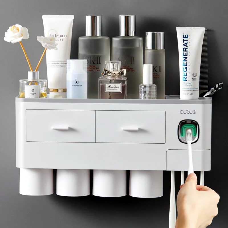 

Toothbrush Toothpaste Rack Free Punch Wall-mounted Toothpaste Squeezer Bathroom Supplies Organizer With Magnetic Suction Cup