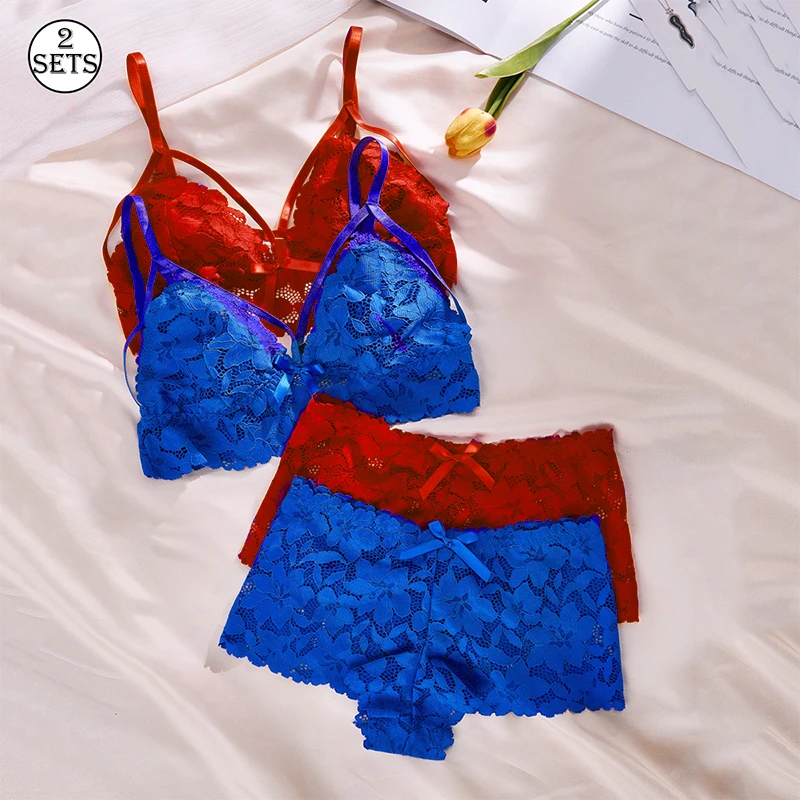 2 sets rood en blauw kanten ondergoed sets sexy lingerie pure wens beha dunne ademende beha holle damesslipjes