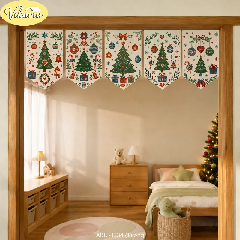 VIKAMA Vintage Christmas Triangle Banners, Hand-Painted Christmas Tree Fabric Triangle Banner Set, Door and Window Home Decor