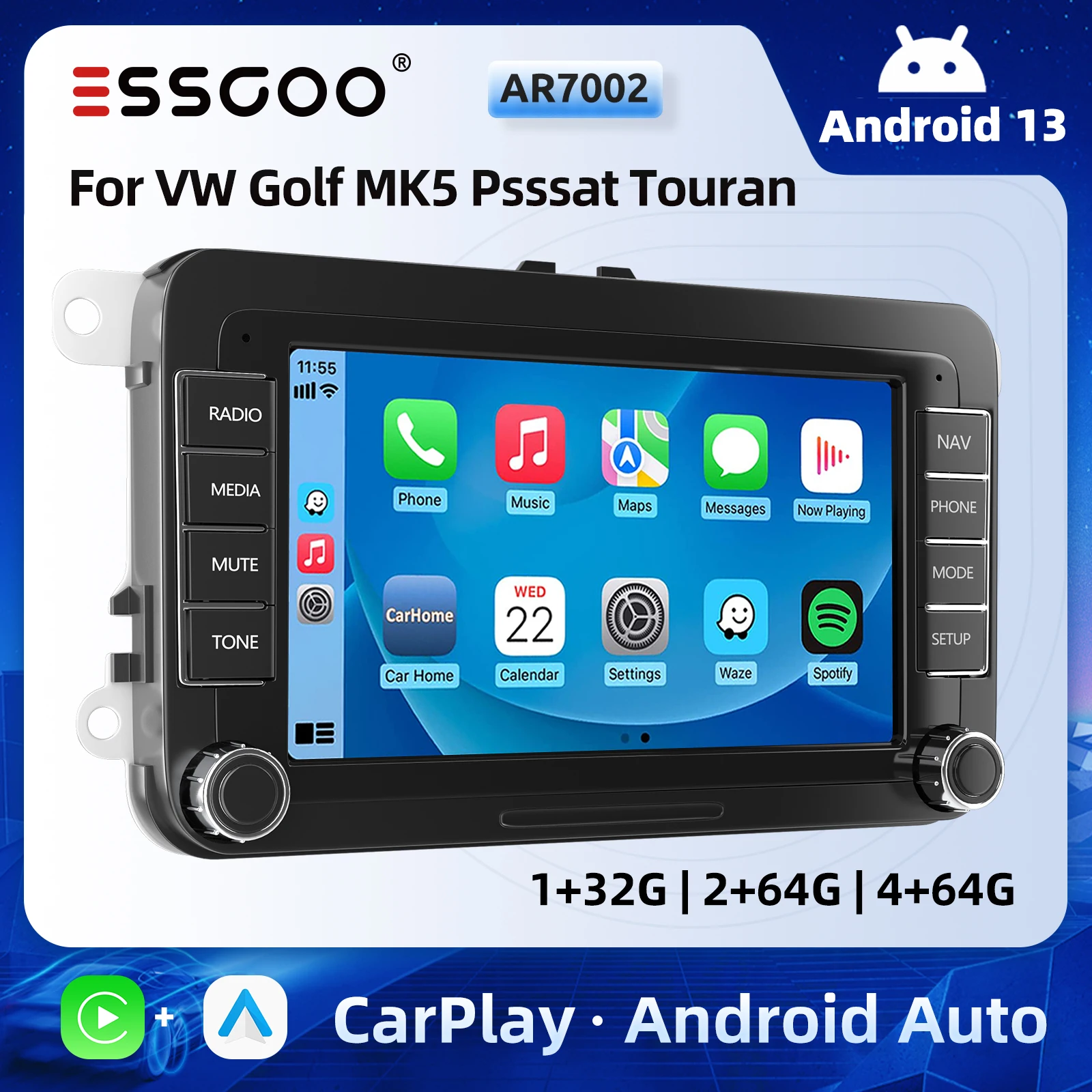 ESSGOO 7インチ Android 13 自動 CarPlay カーステレオ ラジオ GPS ナビゲーション WIFI RDS FM BT VW ゴルフ 5 6 パサート B6 B7 ポロ トゥーラン ティグアン用