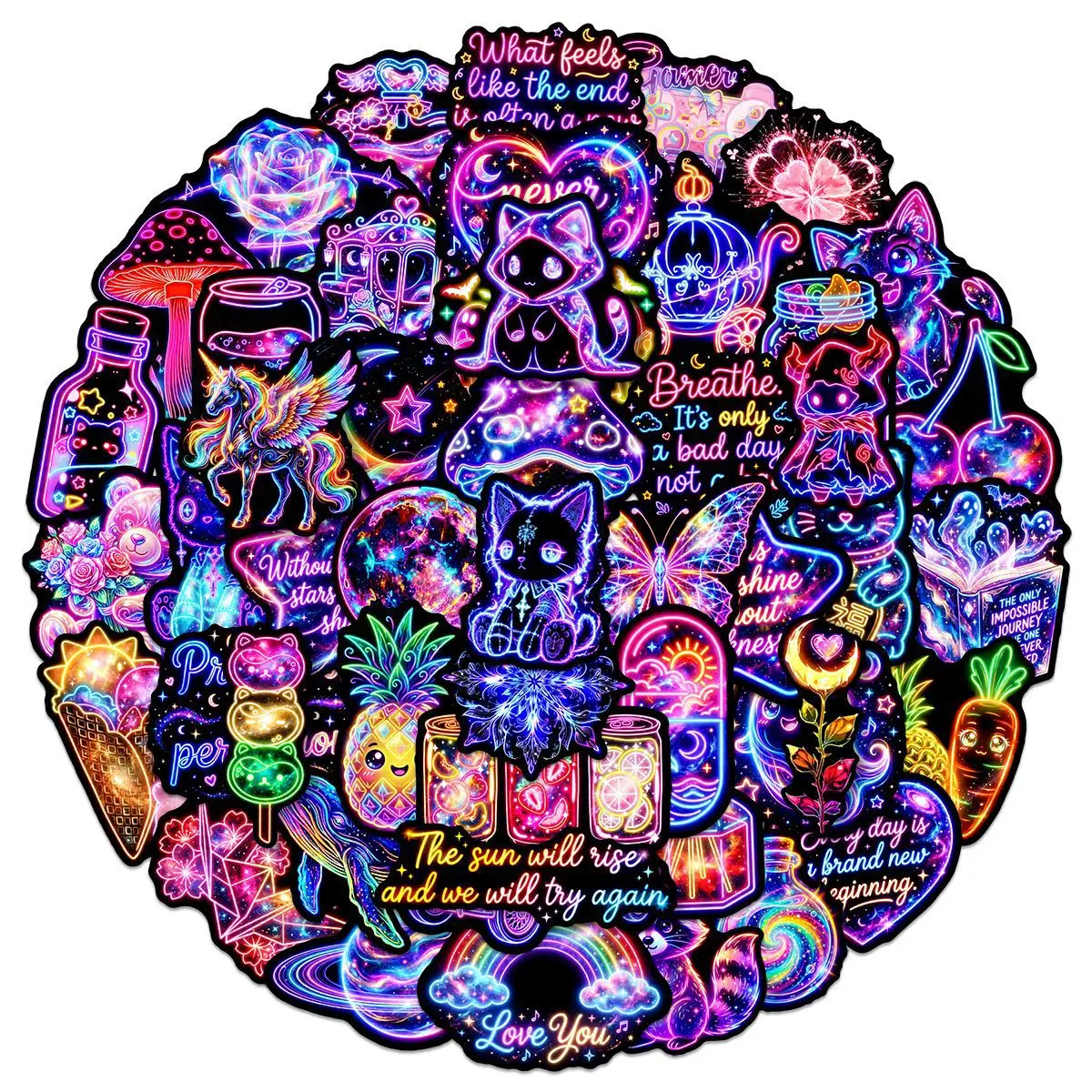 50Pcs Colorful Neon Stickers Aesthetic Decals for Laptop Pad Phone Fridge Travel Luggage Water Bottle Scrapbook Stciekrs
