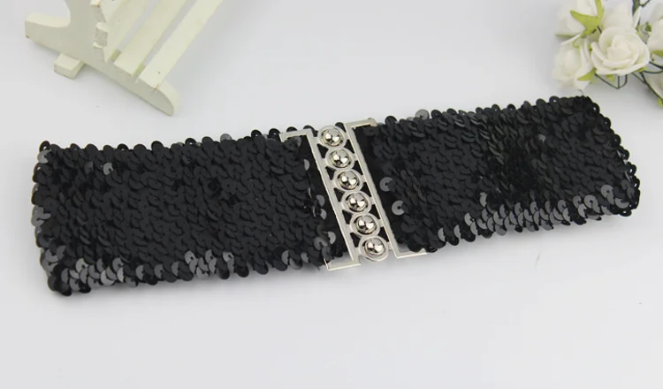 Gold Silver Color Belt Cool Punk Sparkling Sequins Elastic Stretch Wide Waistband Women Dress Waist Belt Jewelry Accessories
