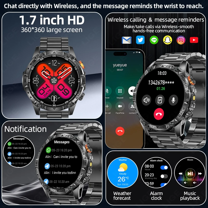LIGE 2026 New Military T-Rex 3 Ultra 1000mAh Battery Smart Watch IP68 Waterproof Flashlight Heart Rate Sports Tracker Smartwatch