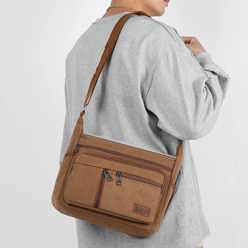 حقيبة كتف رجالية عصرية وكاجوال، حقيبة كروس قماشية متعددة الأقسام، مناسبة للنزهات اليومية والسفر والتنقل