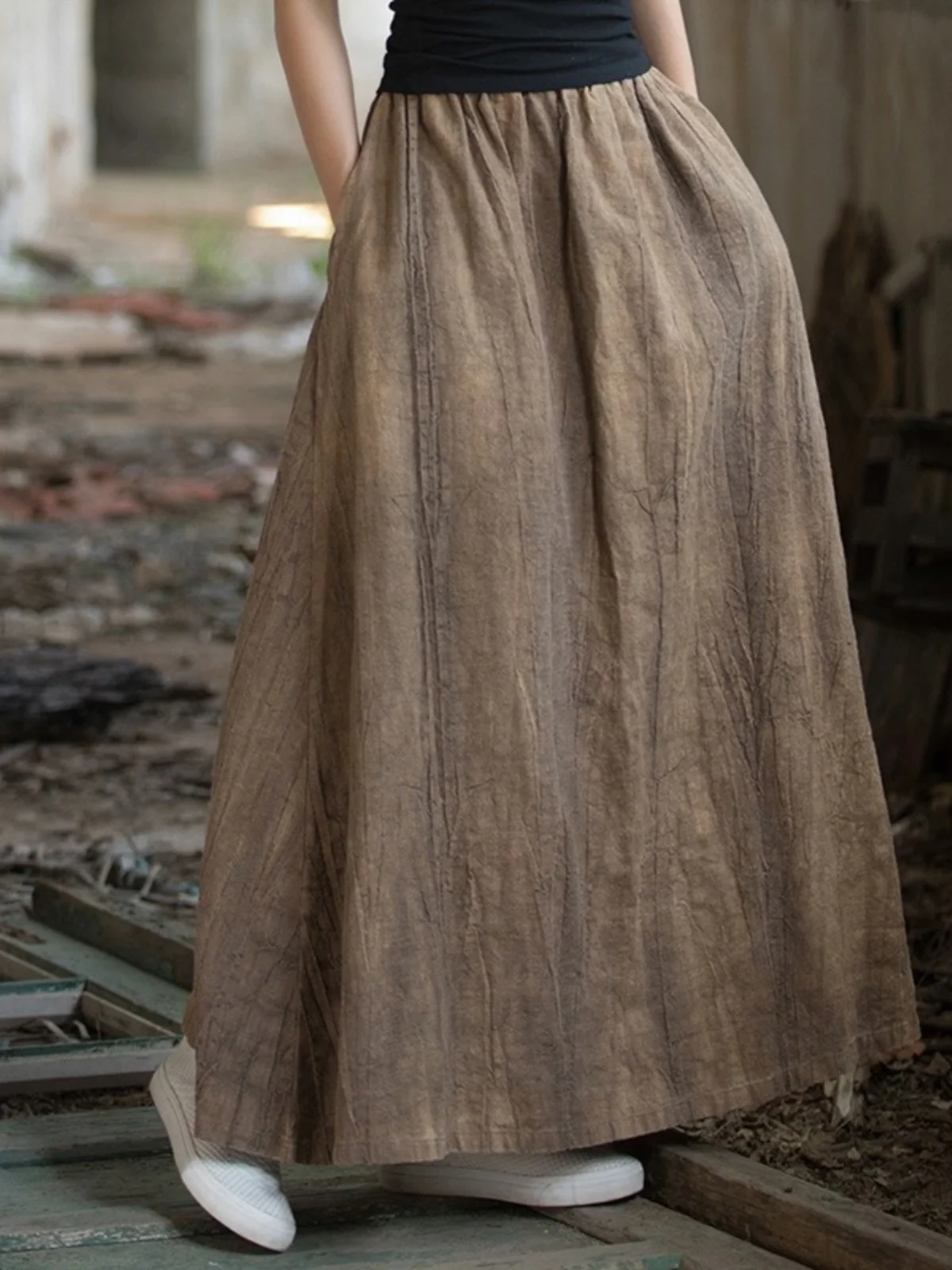 

Retro Chinese Dyed Texture Flax Skirt Women's Loose Drapey Midi Umbrella Skirt Autumn Season High Waist Elastic Waist