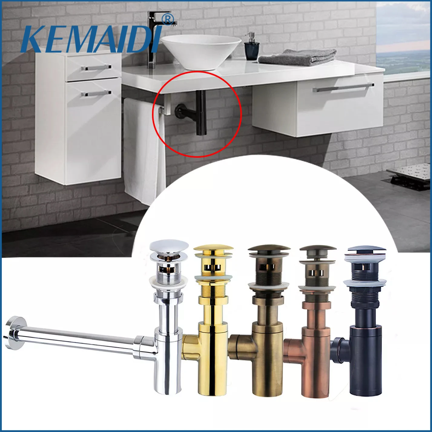 KEMAIDI Solid Brass Bathroom Sink Stopper P-Trap Complete Set Bathroom Bottle Trap Sink Drain Kit and Pop Up Drain With Overflow