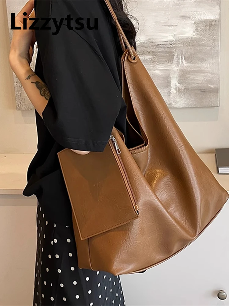 

Lizzytsu элегантный дизайн, роскошные сумки большой вместимости из искусственной кожи, корейская сумка на плечо, женская уличная винтажная большая сумка Easymatch