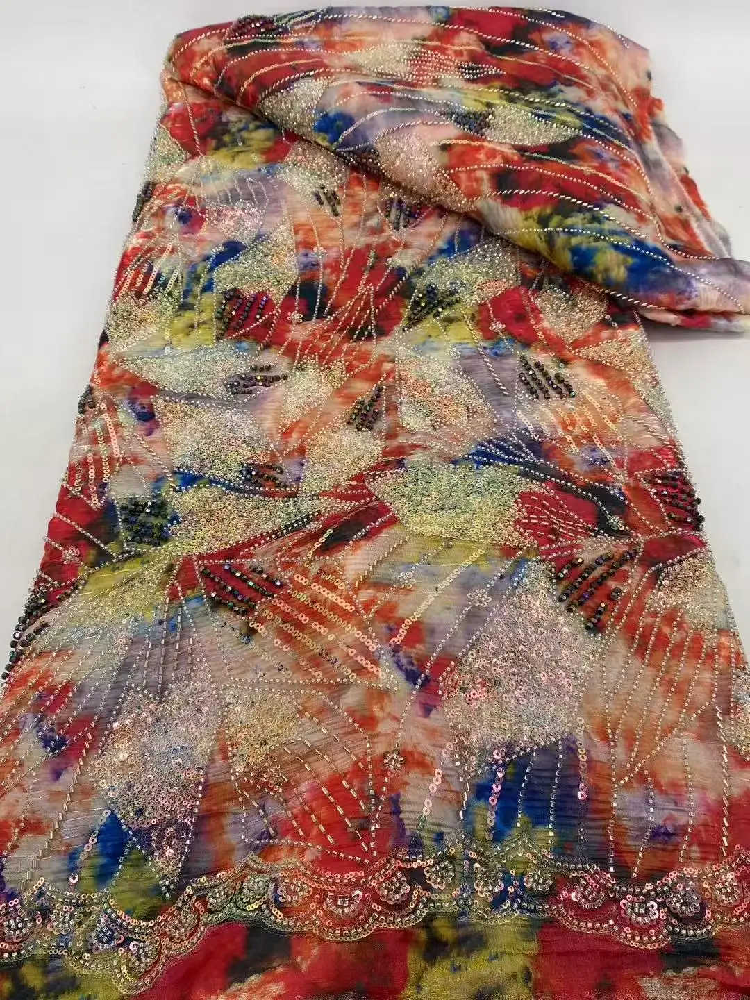 Tela de encaje con cuentas bordadas africanas de lentejuelas nigerianas de alta calidad, 5 yardas para fiesta de boda, tela de encaje francés