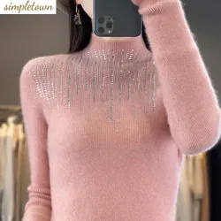 Suéter de Cuello medio alto con diamantes para mujer, Jersey de punto cálido versátil, nuevo ajuste, caliente, Otoño e Invierno