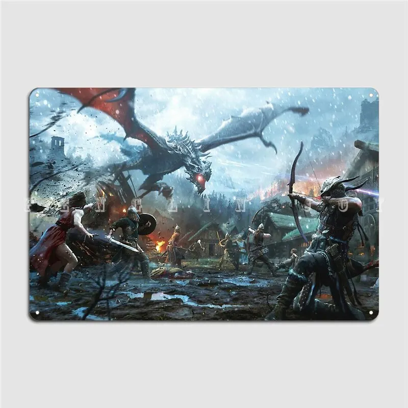 Skyrim- Dragon Battle Poster Metal Plaque Cinema Living Room Bar Cave Funny Plaques Tin Sign Poster