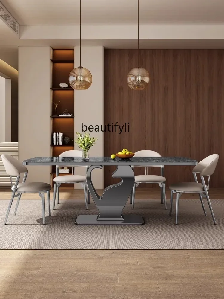 Mesa de comedor de lujo ligera de estilo italiano, placa de piedra gruesa minimalista de alta gama, piedra de lujo brillante Rectangular de acero inoxidable