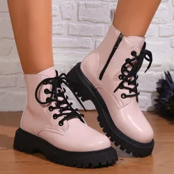 Designer Shoes for Women 2023 New Pink Matte Women's Boots British Style Round Toe Platform Boots Female Fashion Gothic Shoes