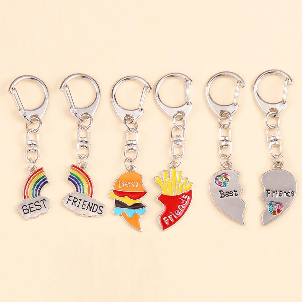 1Pair Creative Metal Enamel BFF Rainbow Hamburger Heart Pendants Keyring For Couple Friends Bags Car Key Accessories Wholesale