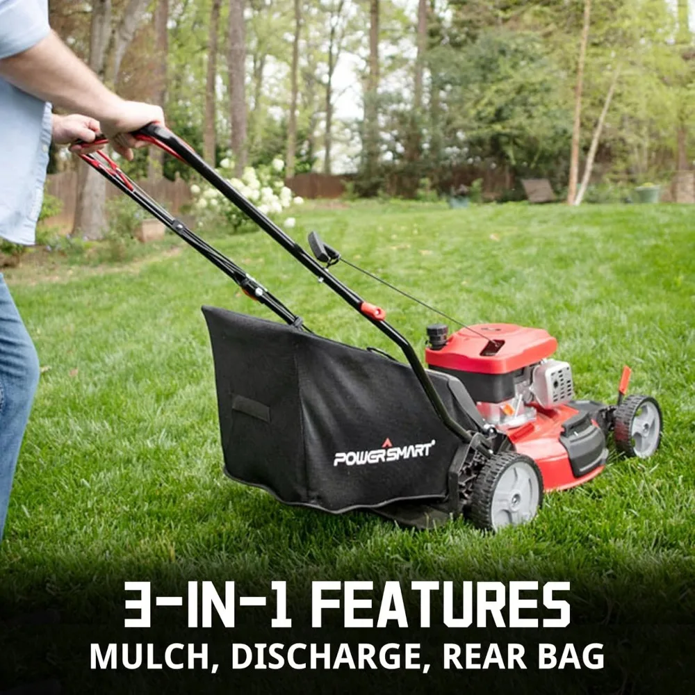 PowerSmart Gas Lawn Mower 21 in. 144 cc 4-Cycle Engine 3-in-1 Rear Bag, Mulch and Side Discharge, 6-Position Height Adjustment