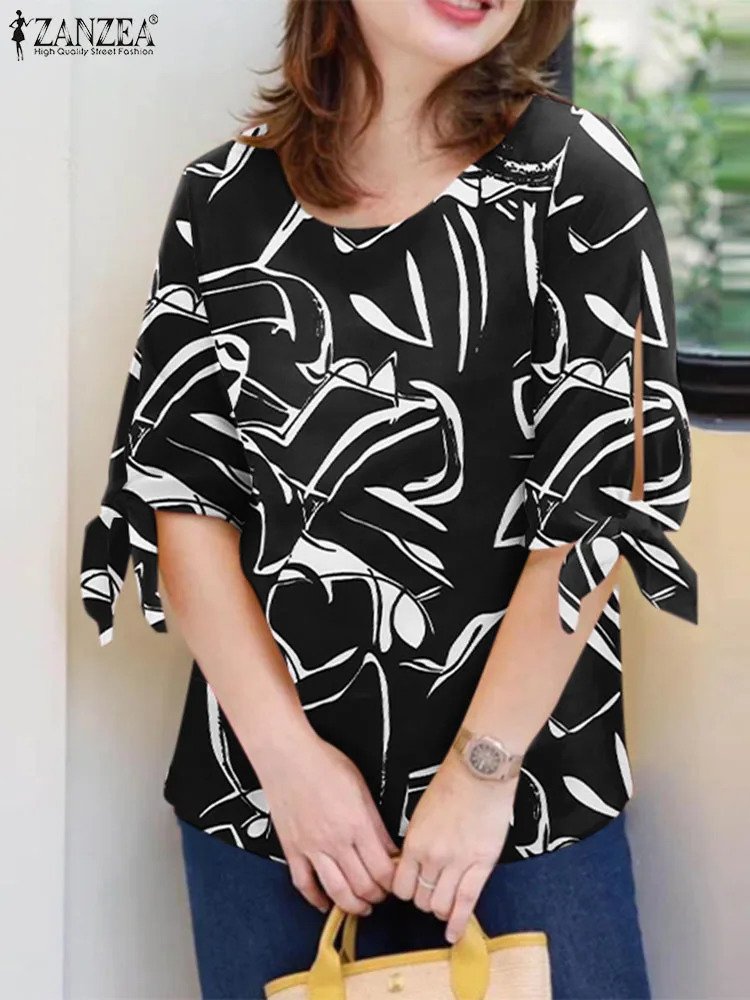 

ZANZEA Casual Holiday Shirt Woman Elegant Floral Printed Blouse Short Sleeve O-Neck Tunic Tops Fashion Tied Cuffs Chemise 2024