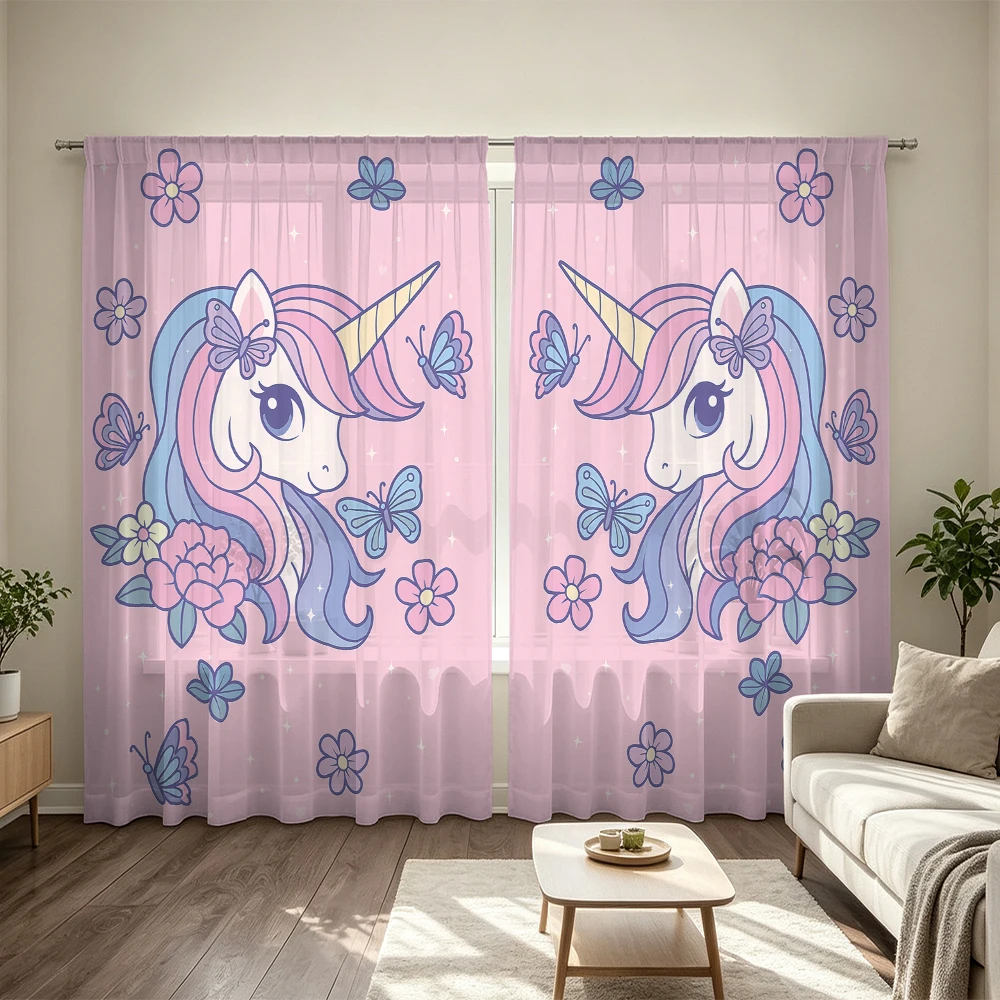 2Pcs Symmetric Floral Butterfly Unicorn Rod Pocket Curtains Light Blocking Privacy Window Curtains For Bedroom Living Room Sw