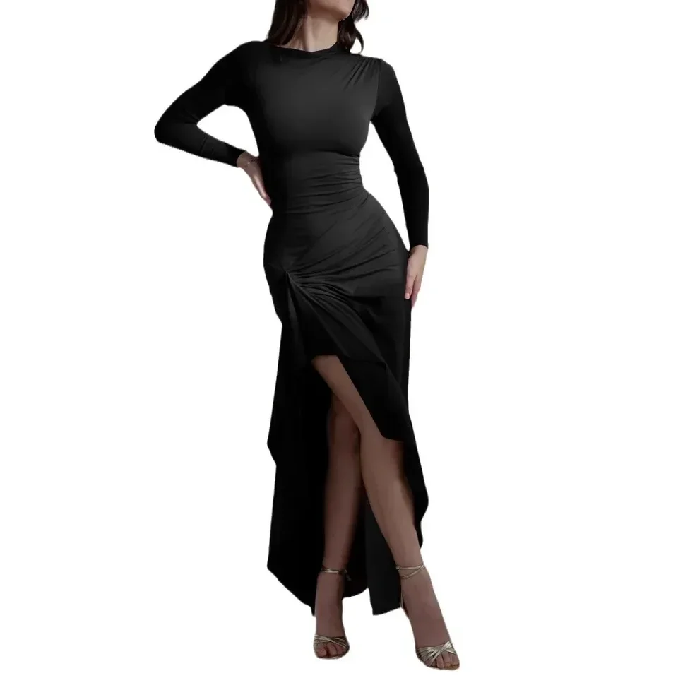 المرأة الخريف الشتاء جديد طويل الأكمام سليم صالح فساتين راقية عادية الدانتيل متابعة فستان مرن