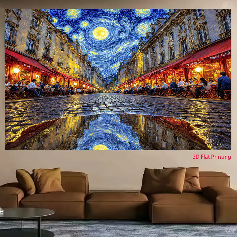 Starry Night Sky Tapestry, Van Gogh Style Street Cafe Wall Hanging for Living Room Bedroom Decor, Artistic Ceiling Mural Gift