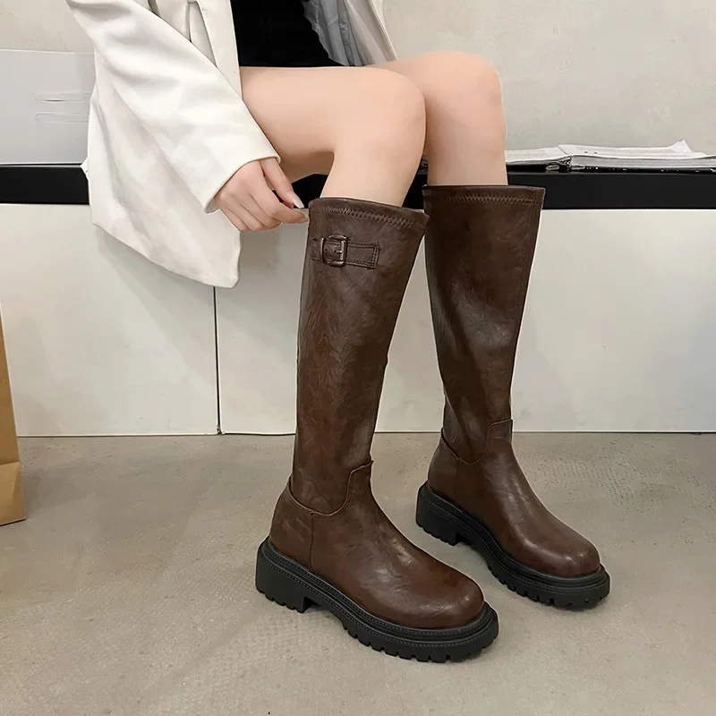 Plus Size Thick Bottom Zipper Up Fashion Boots Women's 2024 Winter New Style British Style Versatile Leather Strap Buckle Fashio