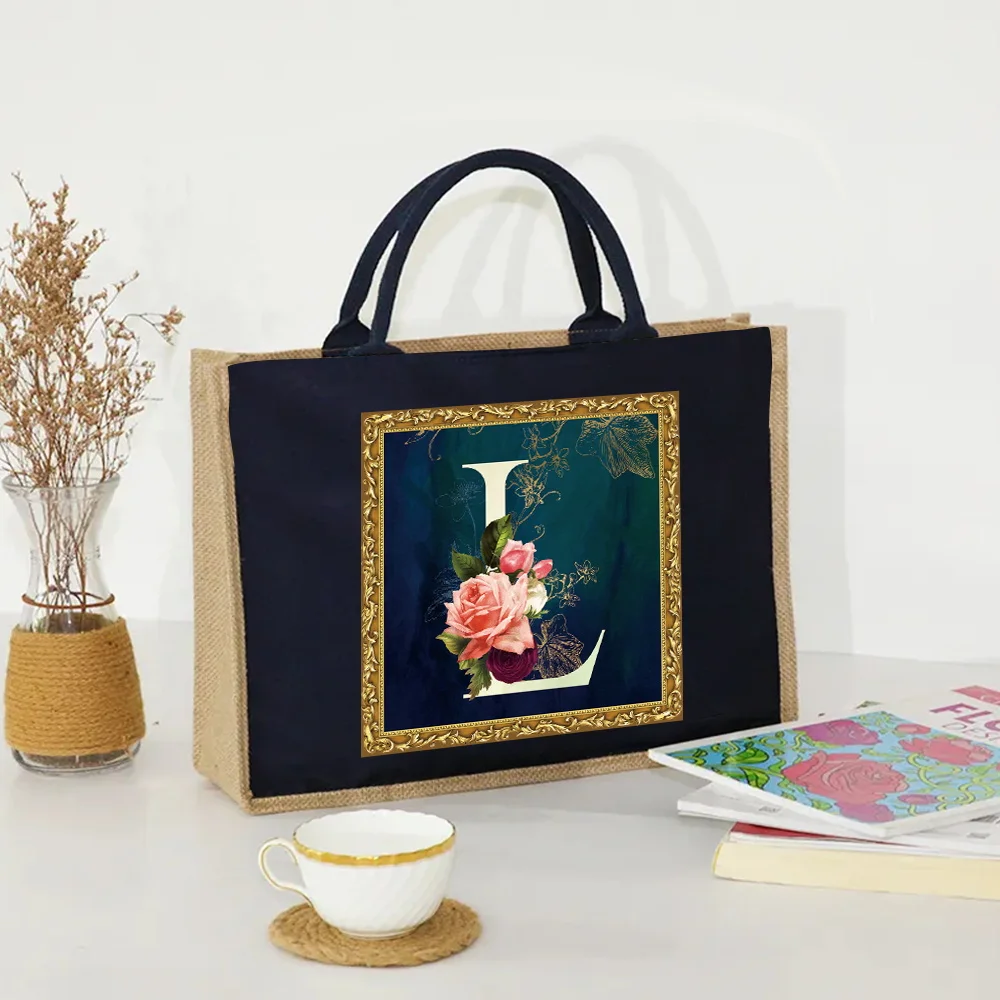 Women's Shopping Bag Environmentally Friendly Linen Shoulder Bags Flower Letter Series Printed Pattern Jute Imitation Burlap Bag