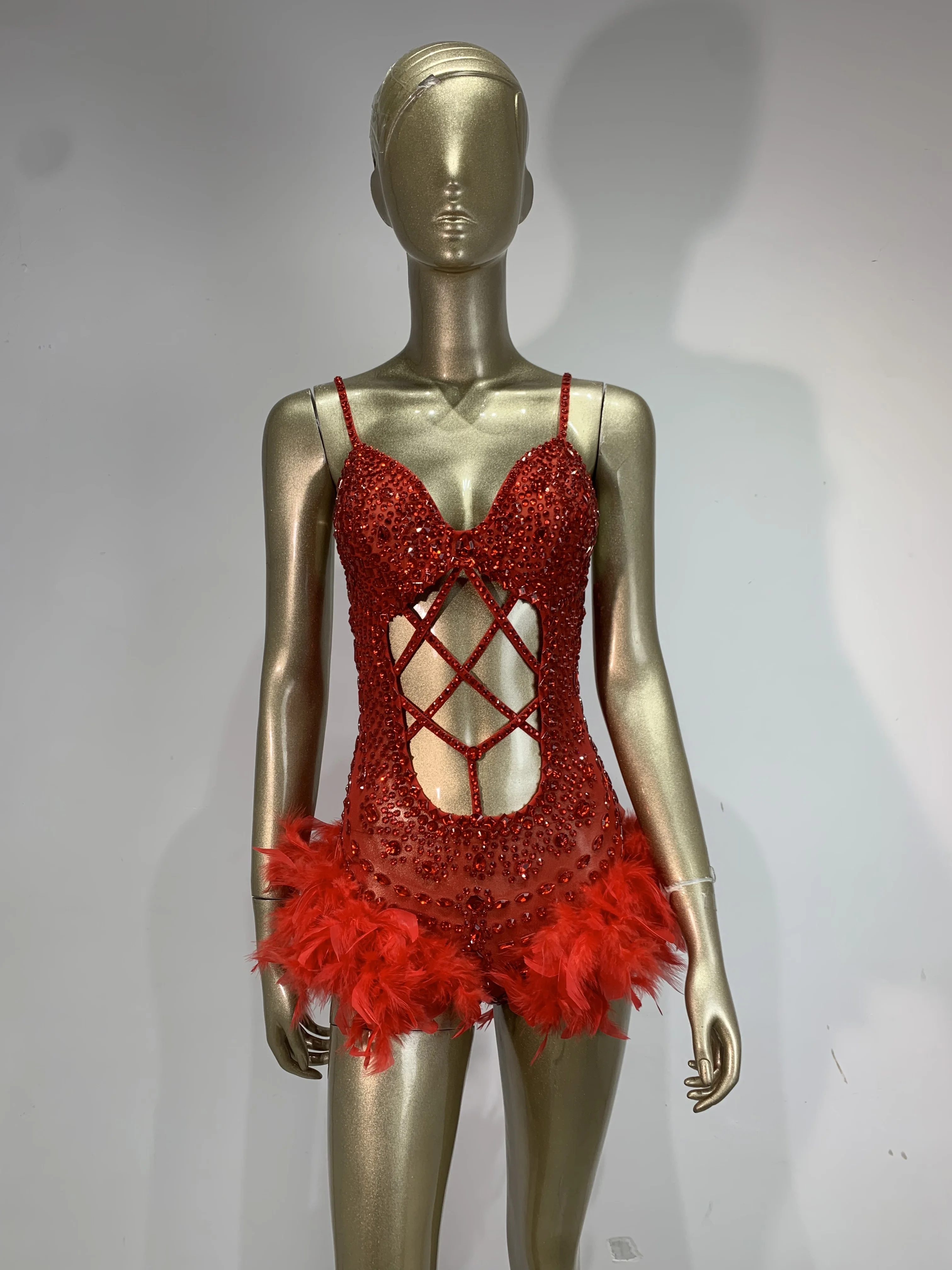 Women Sexy Shiny Crystal Feathers Hollow Out Bodysuit Nightclub Performance Dance Costume Singer Dancer Stage Wear
