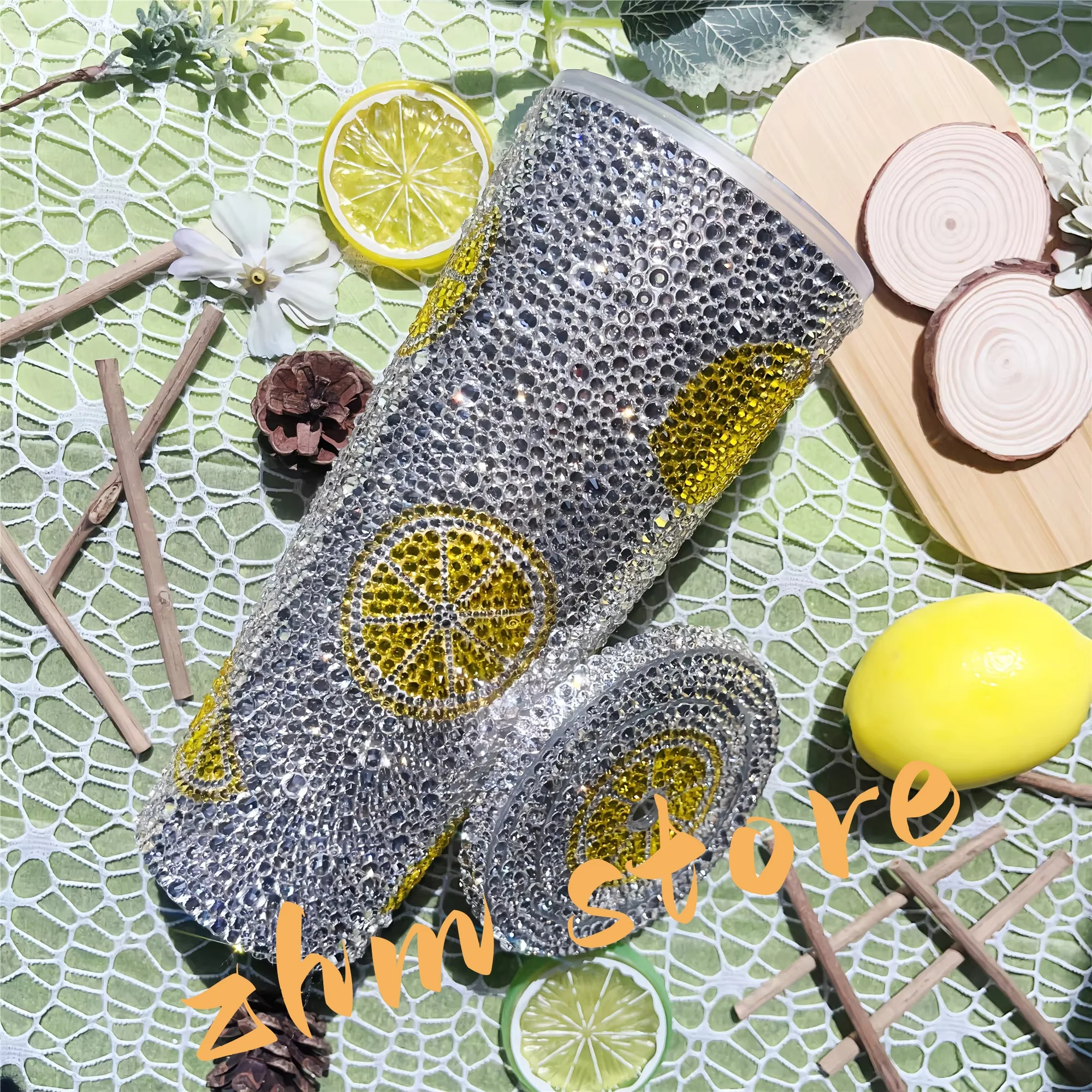 

Personalized 24oz Bling Sparkle Glass Clear Rhinestone Tumbler with Straw,Yellow Lemon for Lovely Girls Water Bottle Cup