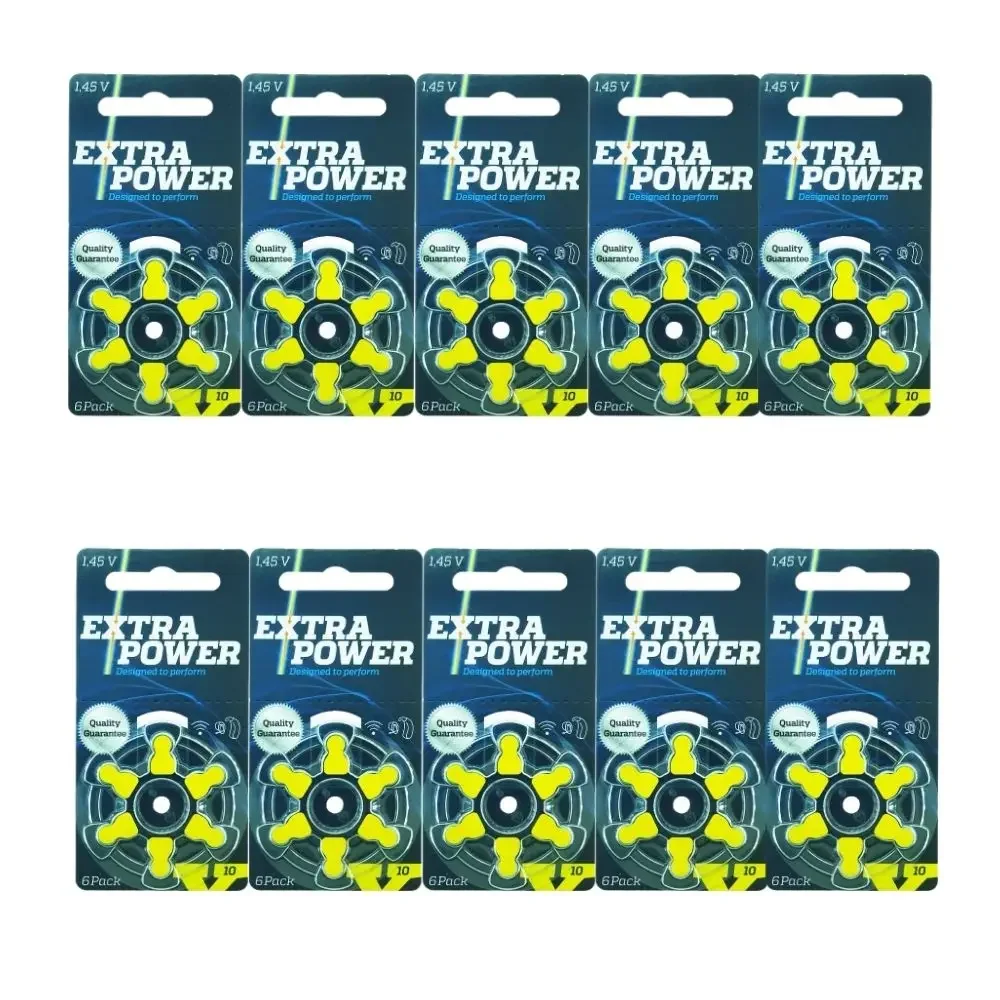 Box of Extra Power Hearing Aid Batteries Size 10 A10 10A 1.45V Yellow PR70 Zinc Air (60 battery cells)