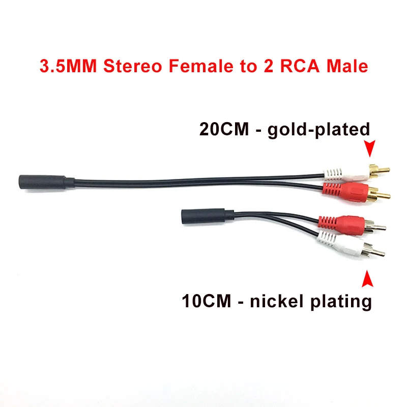 Aux soquete conector para fone de ouvido música fio, 3,5mm, RCA fêmea jack, cabo estéreo Y, plugue banhado a ouro, 2 adaptador macho