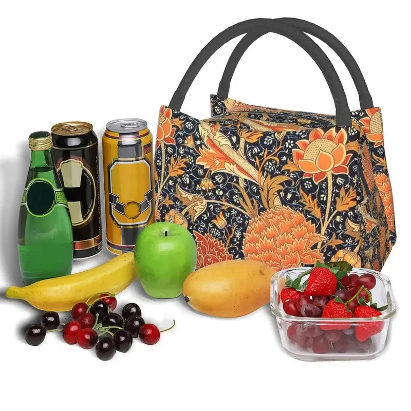 William Morris Orange Cray Floral Art bolsa de almuerzo con aislamiento térmico patrón textil para mujer almacenamiento de almuerzo portátil caja de comida