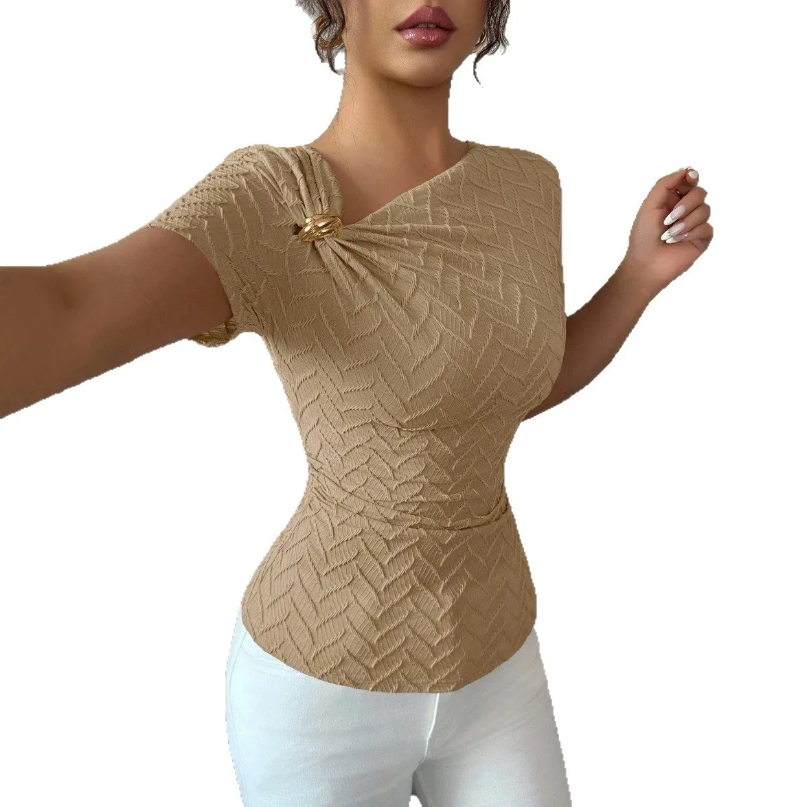 Short Sleeve T-shirt for Woman Women Round Neck Solid Color Asymmetrical Neckline Twist Knot Detail Slim Fit Pullover Beige