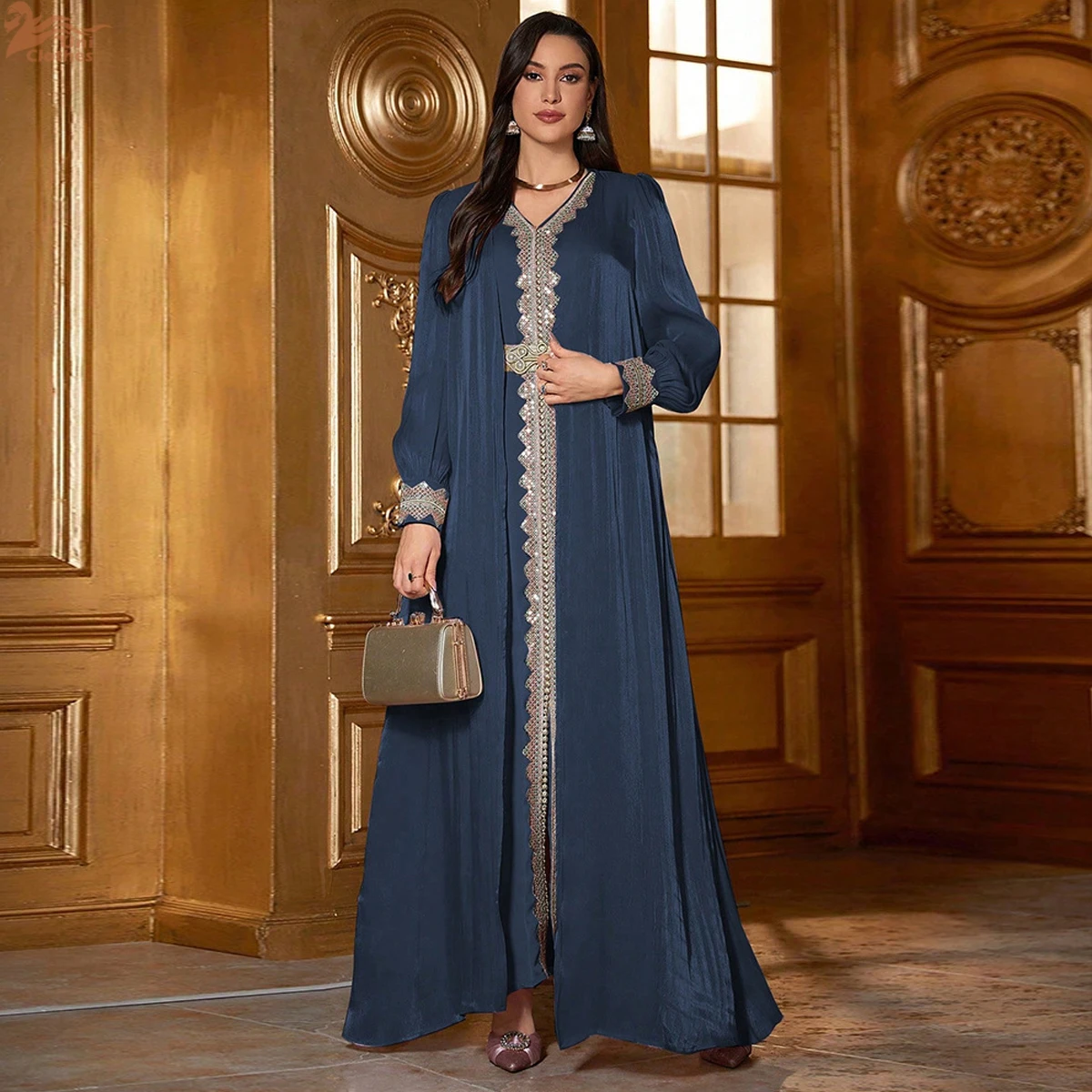 

Мусульманские комплекты для Ид, комплект из двух предметов с цветочной аппликацией, женские абайи и жилет, длинное платье, арабская одежда, платье Джалабия, Рамадан, кафтан, Kebaya