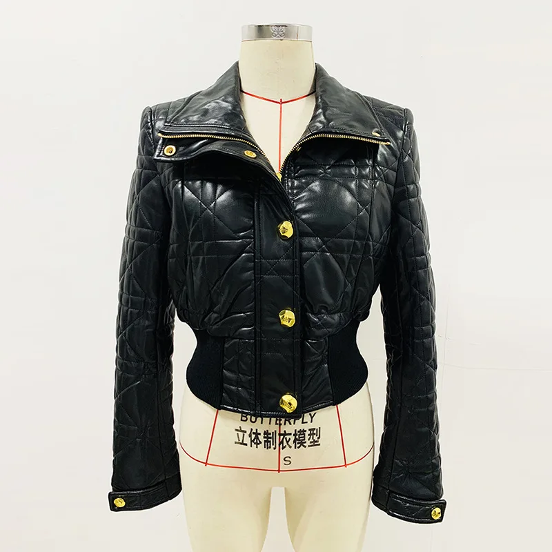 Classic Gold Buttons Black Leather Jacket Women Motorcycle Lapel Long Sleeves New in Outwears Ladies Slim Short Coats Women